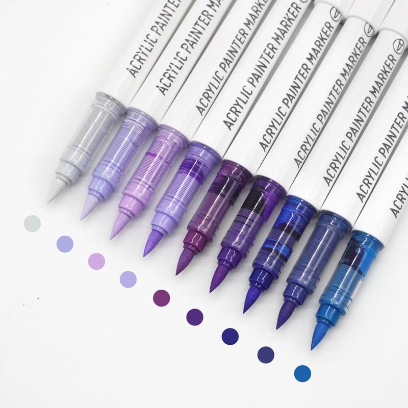 Yolaka Water Based Acrylic Paint Markers, 9 Colors Acrylic Paint Pens Set with Soft Brush Tip, Marker Pen for Rock Painting, Egg, Wood, Glass, Paper, Acrylic Painter Ink (Calaxy Purple) - Image 1